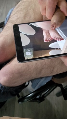 French disiabled man in a wheelchair jerk off over girls on his iPad and cover the screen with cum in a ruined orgasm