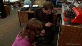 Hot blonde fucked and disgraced in a typewriter shop